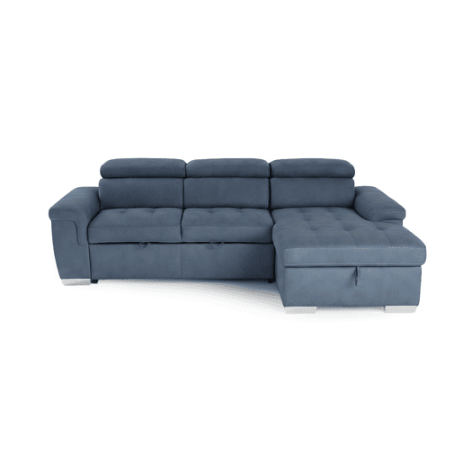 Sofá-cama Clark com chaise longue, 256 cm, azul, chaise à direita.