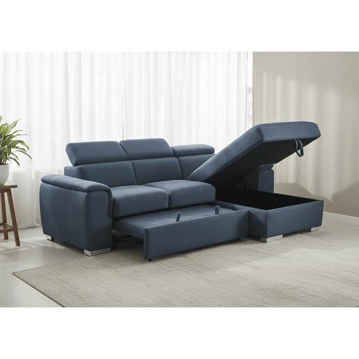 Sofá-cama Clark com chaise longue, 256 cm, azul, chaise à direita.