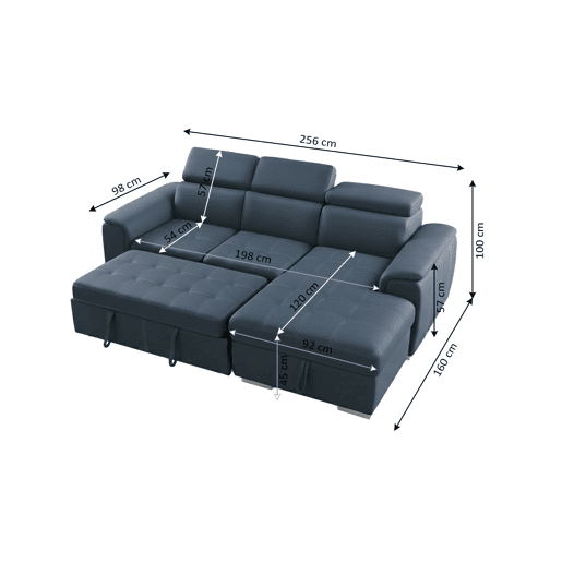 Sofá-cama Clark com chaise longue, 256 cm, azul, chaise à direita.