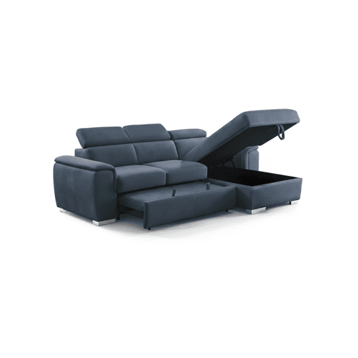 Sofá-cama Clark com chaise longue, 256 cm, azul, chaise à direita.
