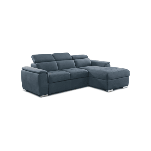 Sofá-cama Clark com chaise longue, 256 cm, azul, chaise à direita.