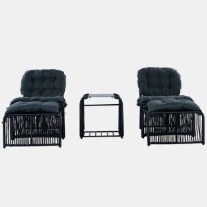 Conjunto de móveis de jardim de 5 peças - estrutura de ferro e rattan PE, com mesa, 2 cadeiras, 2 bancos, almofadas e tampo de vidro, resistente às intempéries - Preto e Cinza