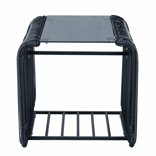 Conjunto de móveis de jardim de 5 peças - estrutura de ferro e rattan PE, com mesa, 2 cadeiras, 2 bancos, almofadas e tampo de vidro, resistente às intempéries - Preto e Cinza