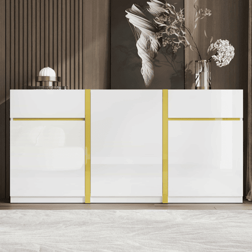 Aparador luxuoso 180 cm - Acabamento brilhante, armário moderno com três portas e duas gavetas, ideal para sala de estar, sala de jantar e entrada - Branco