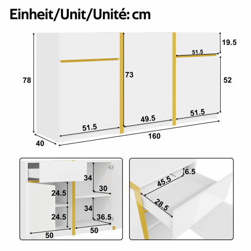 Aparador luxuoso 180 cm - Acabamento brilhante, armário moderno com três portas e duas gavetas, ideal para sala de estar, sala de jantar e entrada - Branco