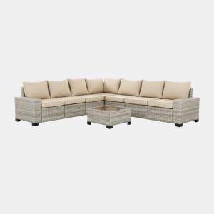 Conjunto de sofás para exterior Lazaro em rattan PE, 7 peças. Mobiliário para jardim e pátio, 275 cm, rattan cinza.