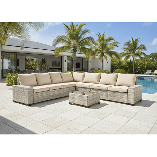 Conjunto de sofás para exterior Lazaro em rattan PE, 7 peças. Mobiliário para jardim e pátio, 275 cm, rattan cinza. Conjunto de sofás para exterior Lazaro em rattan PE, 7 peças. Mobiliário para jardim e pátio, 275 cm, rattan cinza.