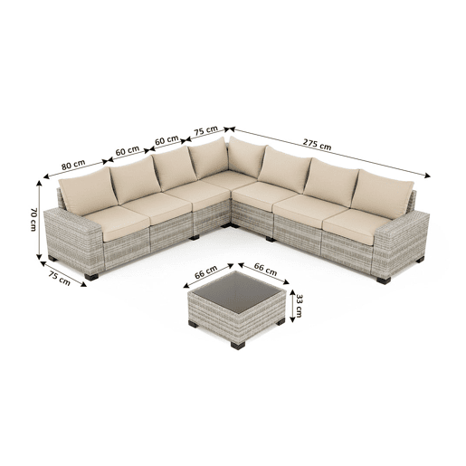 Conjunto de sofás para exterior Lazaro em rattan PE, 7 peças. Mobiliário para jardim e pátio, 275 cm, rattan cinza. Conjunto de sofás para exterior Lazaro em rattan PE, 7 peças. Mobiliário para jardim e pátio, 275 cm, rattan cinza.