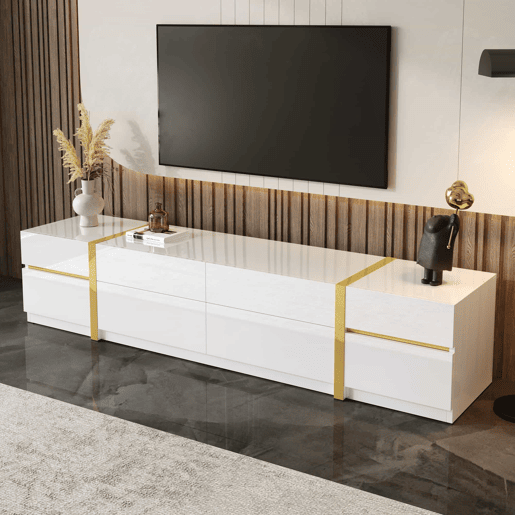 Móvel de TV - Estilo moderno - Com gavetas e portas - Acabamento brilhante - Bordas douradas - Grande capacidade de armazenamento - Cor dourada e branca