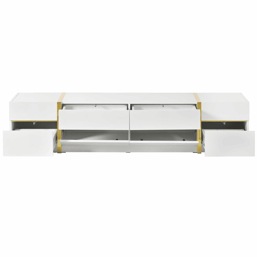 Móvel de TV - Estilo moderno - Com gavetas e portas - Acabamento brilhante - Bordas douradas - Grande capacidade de armazenamento - Cor dourada e branca