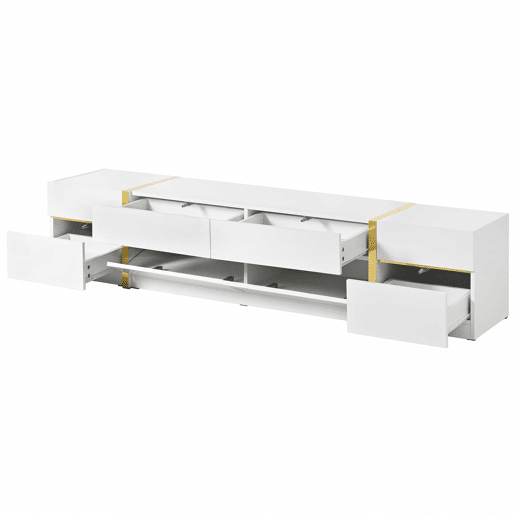 Móvel de TV - Estilo moderno - Com gavetas e portas - Acabamento brilhante - Bordas douradas - Grande capacidade de armazenamento - Cor dourada e branca