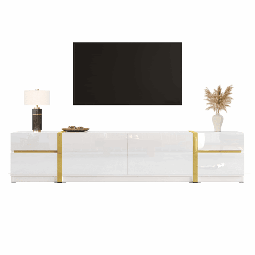 Móvel de TV - Estilo moderno - Com gavetas e portas - Acabamento brilhante - Bordas douradas - Grande capacidade de armazenamento - Cor dourada e branca