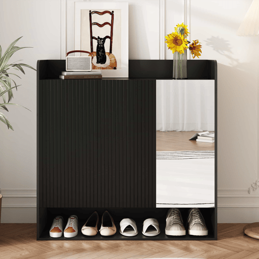Sapateira com espelho de corpo inteiro - estrutura preta com design vertical, várias prateleiras de grande capacidade para sapatos - Preto