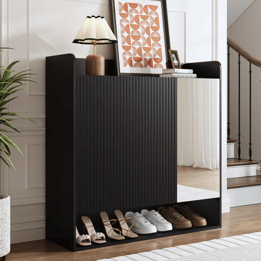 Sapateira com espelho de corpo inteiro - estrutura preta com design vertical, várias prateleiras de grande capacidade para sapatos - Preto