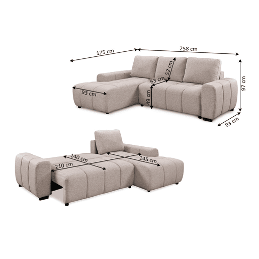 Sofá-cama Nuvola Chaise Longue com Cômoda 258cm, Bege, Chaise à Esquerda