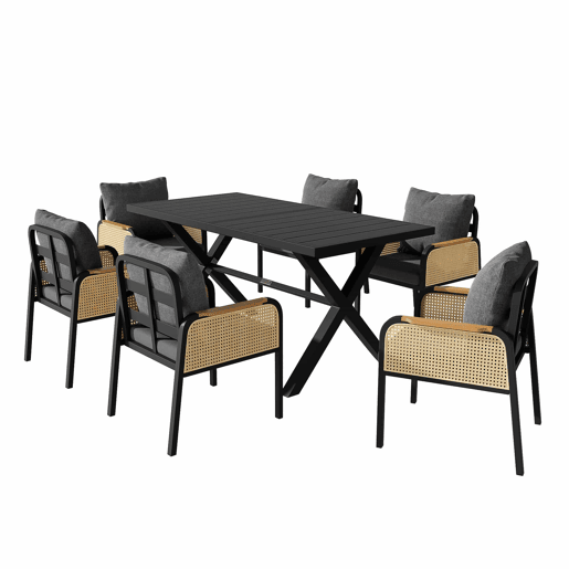 Conjunto de sofá de jardim moderno - estrutura de ferro, braços trançados, inclui almofadas, conjunto para lazer e reuniões - Preto e Natural