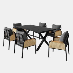 Conjunto de sofá de jardim moderno - estrutura de ferro, braços trançados, inclui almofadas, conjunto para lazer e reuniões - Preto e Natural