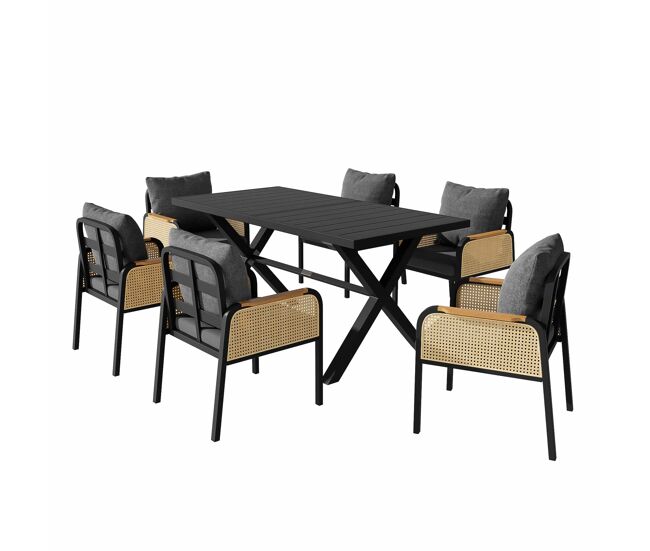 Conjunto de sofá de jardín moderno - estructura de hierro, reposabrazos trenzados, incluye cojines, set para ocio y reuniones - negro y natural