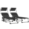 Outsunny Conjunto de 2 Espreguiçadeiras Jardim Exterior Espreguiçadeiras Dobráveis com Apoio de Cabeça Chapéu de Sol e Bolso Lateral Encosto Reclinável 5 Posições e Assento em Malha Respirável para Praia Piscina Preto