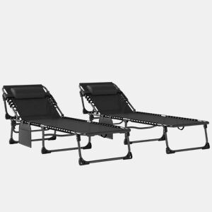 Outsunny Conjunto de 2 EspreguiƧadeiras Jardim EspreguiƧadeiras DobrƔveis com Apoio de CabeƧa e Bolso Lateral Encosto ReclinƔvel em 5 PosiƧƵes e Assento em Malha TranspirƔvel para Praia Piscina Preto
