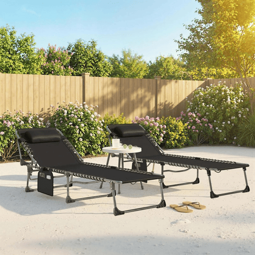 Outsunny Conjunto de 2 Espreguiçadeiras Jardim Espreguiçadeiras Dobráveis com Apoio de Cabeça e Bolso Lateral Encosto Reclinável em 5 Posições e Assento em Malha Transpirável para Praia Piscina Preto