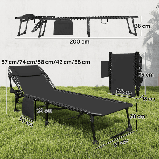 Outsunny Conjunto de 2 Espreguiçadeiras Jardim Espreguiçadeiras Dobráveis com Apoio de Cabeça e Bolso Lateral Encosto Reclinável em 5 Posições e Assento em Malha Transpirável para Praia Piscina Preto