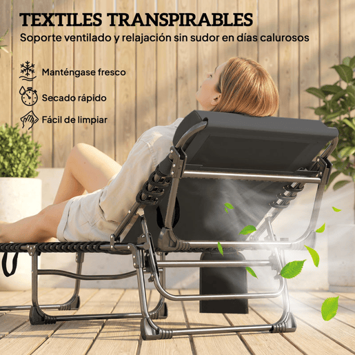 Outsunny Conjunto de 2 Espreguiçadeiras Jardim Espreguiçadeiras Dobráveis com Apoio de Cabeça e Bolso Lateral Encosto Reclinável em 5 Posições e Assento em Malha Transpirável para Praia Piscina Preto