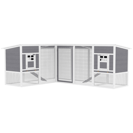 PawHut Galinheiro Grande de Madeira para Exterior Gaiola para Galinhas em L com 2 Ninhos Recinto Bandejas Removíveis Telhado em PET e Rampas Casa Elevada para Coelhos 251x192x103 cm Cinzento
