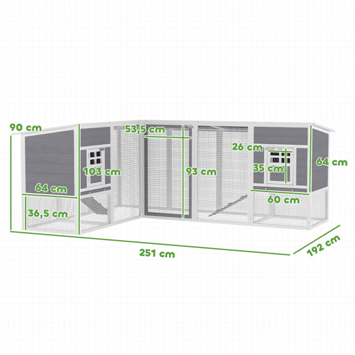 PawHut Galinheiro Grande de Madeira para Exterior Gaiola para Galinhas em L com 2 Ninhos Recinto Bandejas Removíveis Telhado em PET e Rampas Casa Elevada para Coelhos 251x192x103 cm Cinzento