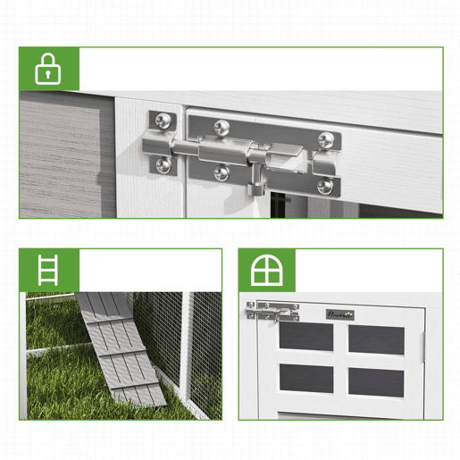 PawHut Galinheiro Grande de Madeira para Exterior Gaiola para Galinhas em L com 2 Ninhos Recinto Bandejas Removíveis Telhado em PET e Rampas Casa Elevada para Coelhos 251x192x103 cm Cinzento