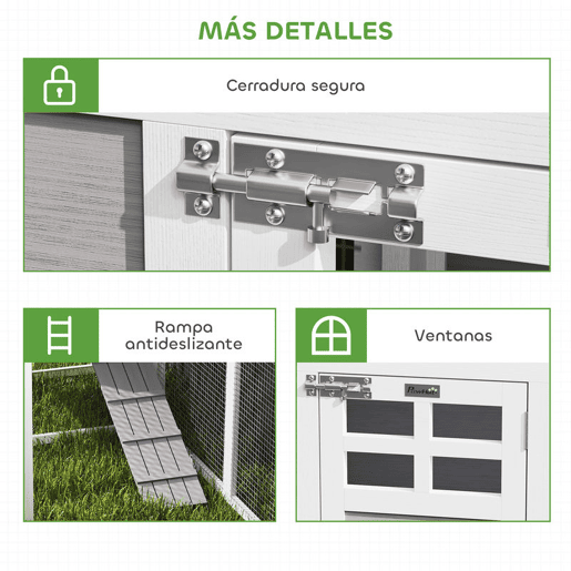 PawHut Galinheiro Grande de Madeira para Exterior Gaiola para Galinhas em L com 2 Ninhos Recinto Bandejas Removíveis Telhado em PET e Rampas Casa Elevada para Coelhos 251x192x103 cm Cinzento