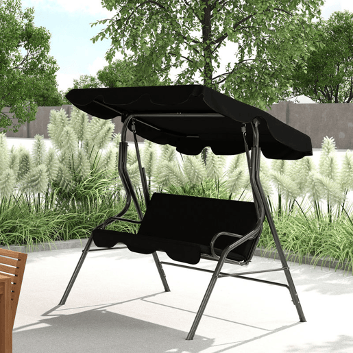 Outsunny Baloiço de Jardim de 2-3 Lugares Baloiço de Exterior com Toldo Ajustável Impermeável e Estrutura de Aço para Pátio Varanda 170x110x153 cm Preto