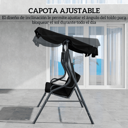 Outsunny Baloiço de Jardim de 2-3 Lugares Baloiço de Exterior com Toldo Ajustável Impermeável e Estrutura de Aço para Pátio Varanda 170x110x153 cm Preto