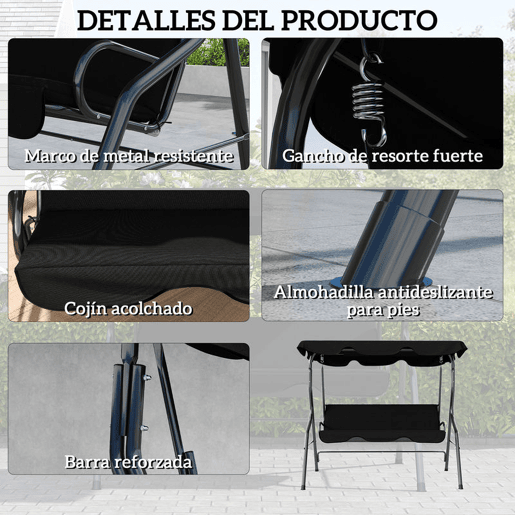 Outsunny Baloiço de Jardim de 2-3 Lugares Baloiço de Exterior com Toldo Ajustável Impermeável e Estrutura de Aço para Pátio Varanda 170x110x153 cm Preto