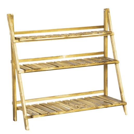 Outsunny Suporte para Plantas de Madeira de 3 Níveis Prateleira Dobrável com Base de Ripas Suporte para Vasos para Interior e Exterior, Terraço e Jardim 100x37x93 cm Carbonizado