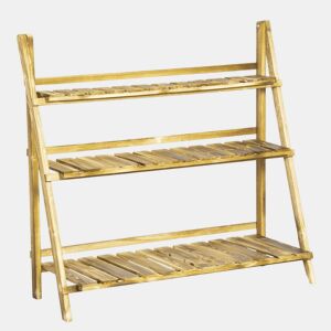 Outsunny Suporte para Plantas de Madeira de 3 Níveis Prateleira Dobrável com Base de Ripas Suporte para Vasos para Interior e Exterior, Terraço e Jardim 100x37x93 cm Carbonizado