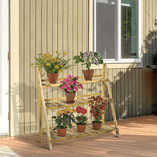 Outsunny Suporte para Plantas de Madeira de 3 Níveis Prateleira Dobrável com Base de Ripas Suporte para Vasos para Interior e Exterior, Terraço e Jardim 100x37x93 cm Carbonizado