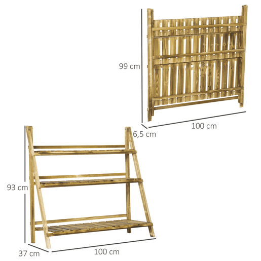 Outsunny Suporte para Plantas de Madeira de 3 Níveis Prateleira Dobrável com Base de Ripas Suporte para Vasos para Interior e Exterior, Terraço e Jardim 100x37x93 cm Carbonizado
