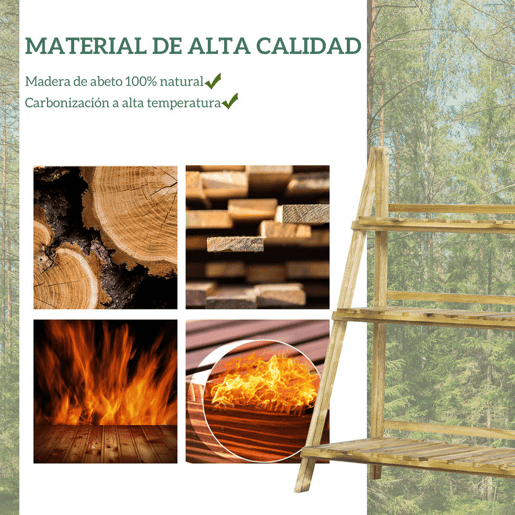 Outsunny Suporte para Plantas de Madeira de 3 Níveis Prateleira Dobrável com Base de Ripas Suporte para Vasos para Interior e Exterior, Terraço e Jardim 100x37x93 cm Carbonizado