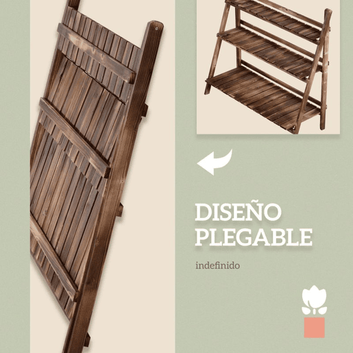 Outsunny Suporte para Plantas de Madeira de 3 Níveis Prateleira Dobrável com Base de Ripas Suporte para Vasos para Interior e Exterior, Terraço e Jardim 100x37x93 cm Carbonizado