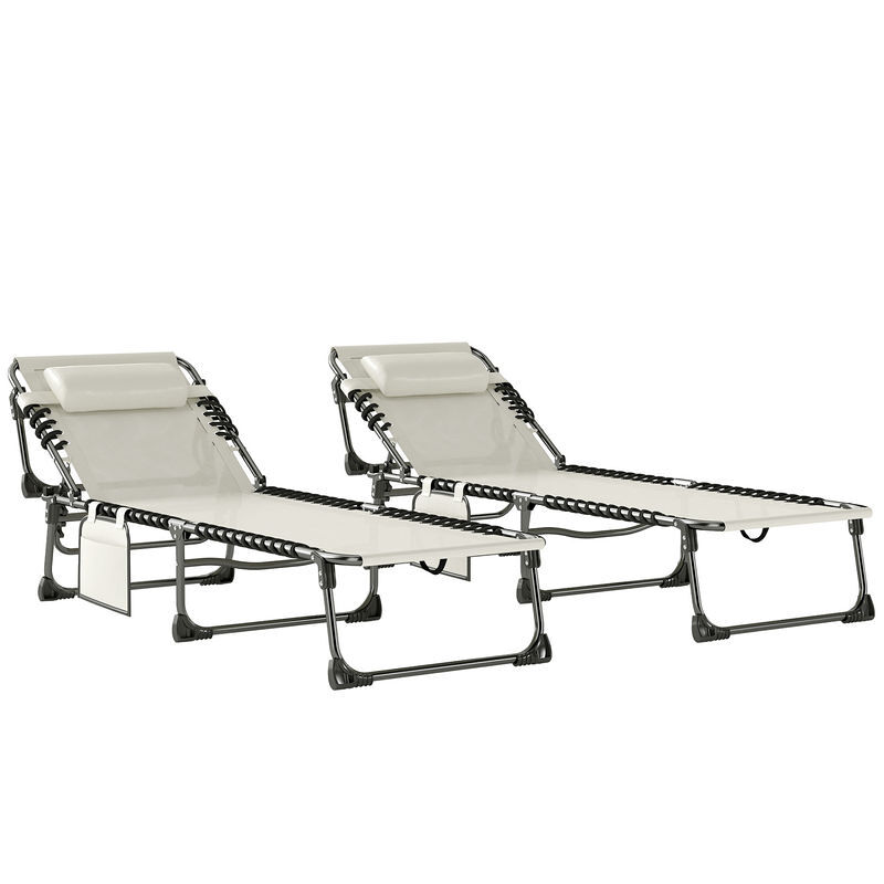 Outsunny set de 2 tumbonas jardín exterior, tumbonas plegables con reposacabezas y bolsillo lateral, respaldo reclinable 5 posiciones y asiento de malla transpirable para playa, piscina, blanco crema