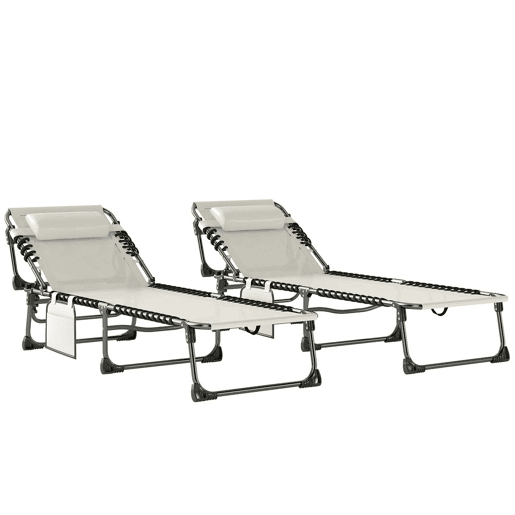 Outsunny Conjunto de 2 Espreguiçadeiras Jardim Espreguiçadeiras Dobráveis com Apoio de Cabeça e Bolso Lateral Encosto Reclinável em 5 Posições e Assento em Malha Transpirável para Praia Piscina Creme