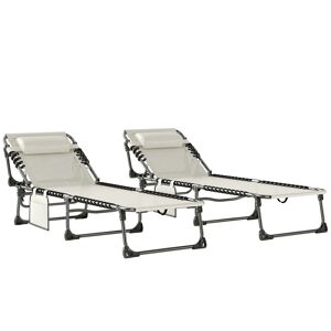 Outsunny Conjunto de 2 Espreguiçadeiras Jardim Espreguiçadeiras Dobráveis com Apoio de Cabeça e Bolso Lateral Encosto Reclinável em 5 Posições e Assento em Malha Transpirável para Praia Piscina Creme