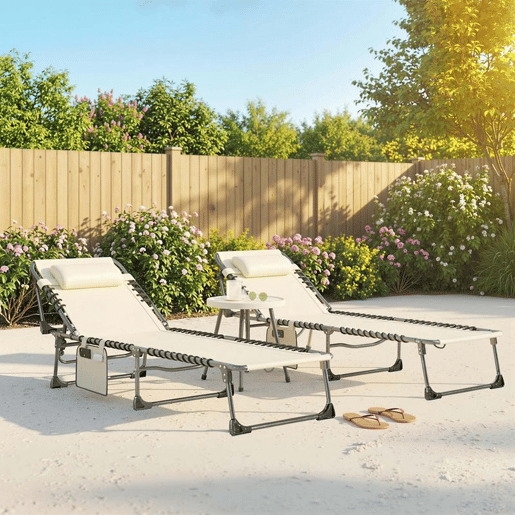 Outsunny Conjunto de 2 Espreguiçadeiras Jardim Espreguiçadeiras Dobráveis com Apoio de Cabeça e Bolso Lateral Encosto Reclinável em 5 Posições e Assento em Malha Transpirável para Praia Piscina Creme