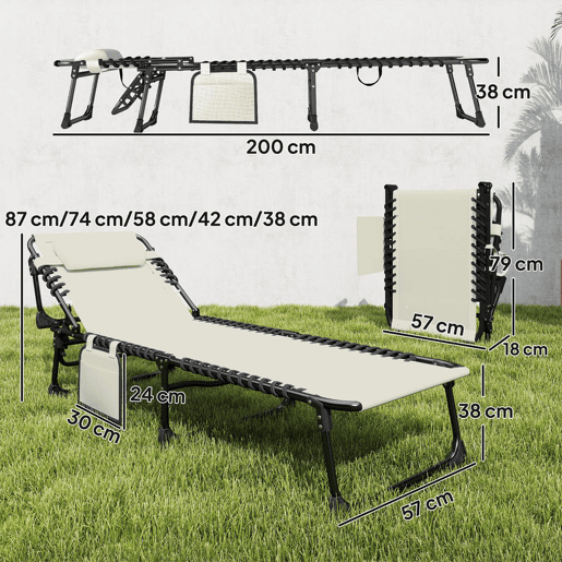 Outsunny Conjunto de 2 Espreguiçadeiras Jardim Espreguiçadeiras Dobráveis com Apoio de Cabeça e Bolso Lateral Encosto Reclinável em 5 Posições e Assento em Malha Transpirável para Praia Piscina Creme