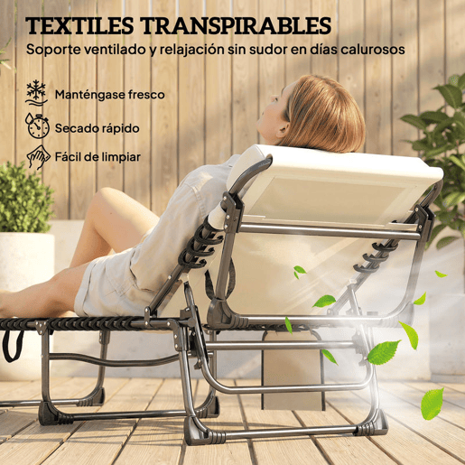 Outsunny Conjunto de 2 Espreguiçadeiras Jardim Espreguiçadeiras Dobráveis com Apoio de Cabeça e Bolso Lateral Encosto Reclinável em 5 Posições e Assento em Malha Transpirável para Praia Piscina Creme