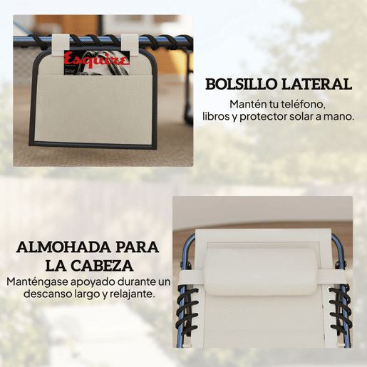 Outsunny Conjunto de 2 Espreguiçadeiras Jardim Espreguiçadeiras Dobráveis com Apoio de Cabeça e Bolso Lateral Encosto Reclinável em 5 Posições e Assento em Malha Transpirável para Praia Piscina Creme