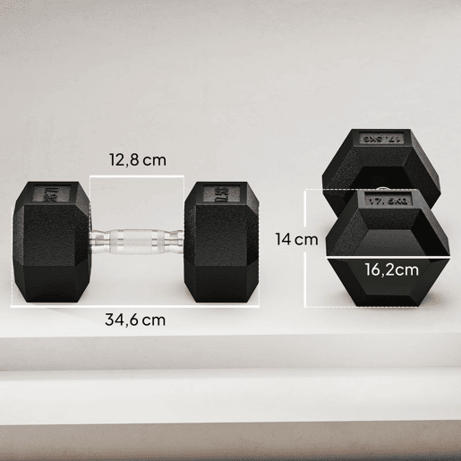 HOMCOM Conjunto de Halteres Hexagonais, 2 x 17,5 kg, em Ferro Fundido, Revestidos em Borracha, Conjunto de Pesos para Treino em Casa, Ginásio e Escritório, Preto e Prateado