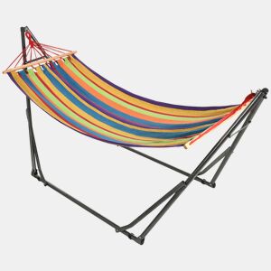 Outsunny Cama Rede com Suporte DobrÔvel 2 em 1 Estendal com Barra Estrutura de Aço Cama Rede de Campismo PortÔtil de Algodão Carga 120 kg para Jardim PÔtio Terraço 270x100x94 cm Multicolor