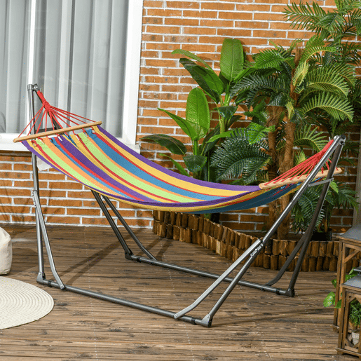 Outsunny Cama Rede com Suporte Dobrável 2 em 1 Estendal com Barra Estrutura de Aço Cama Rede de Campismo Portátil de Algodão Carga 120 kg para Jardim Pátio Terraço 270x100x94 cm Multicolor